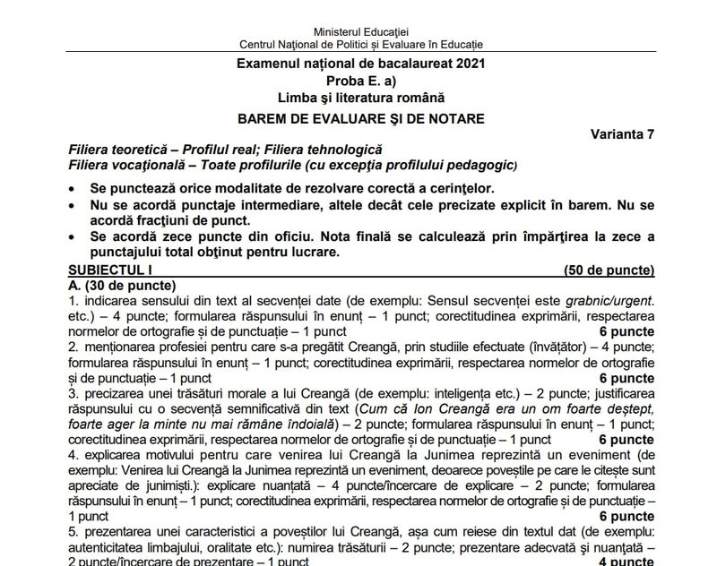 Barem simulare Română 2022 - Bacalaureat