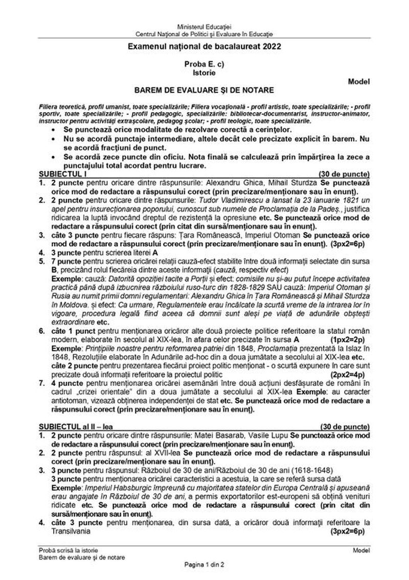 Barem simulare Istorie 2022 - Bacalaureat