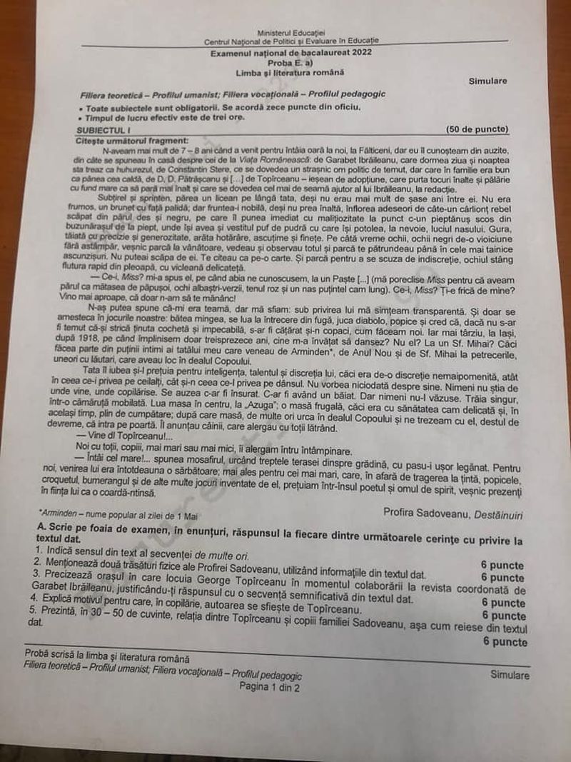 EDU.ro Barem simulare BAC 2022 Română