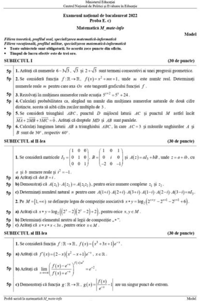 Subiecte simulare BAC 2022 Matematică M1, M2, M3 şi M4. Baremul de corectare, pe EDU.ro