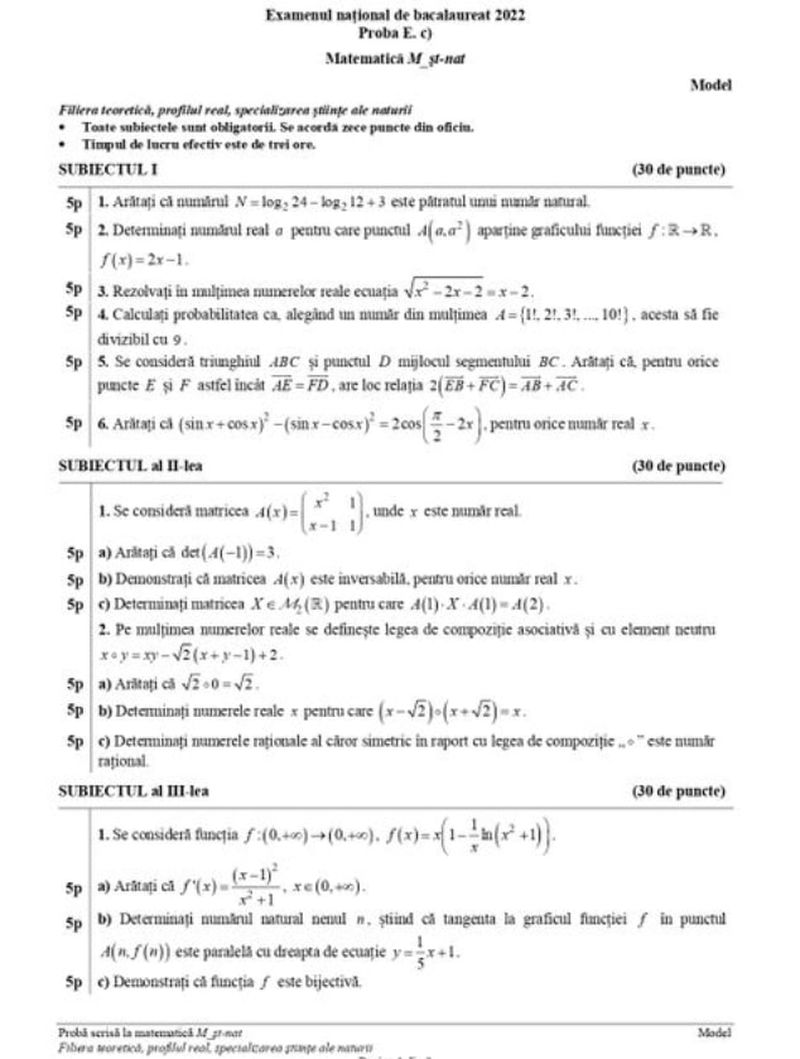 Subiecte simulare BAC 2022 Matematică M1, M2, M3 şi M4. Baremul de corectare, pe EDU.ro