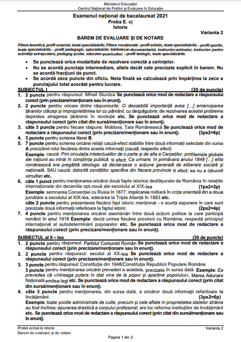 barem simulare istorie