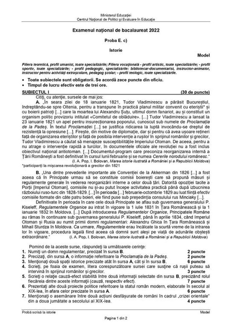 Subiecte simulare BAC 2022 Istorie: Întrebarea care îi pune în încurcătură pe elevi