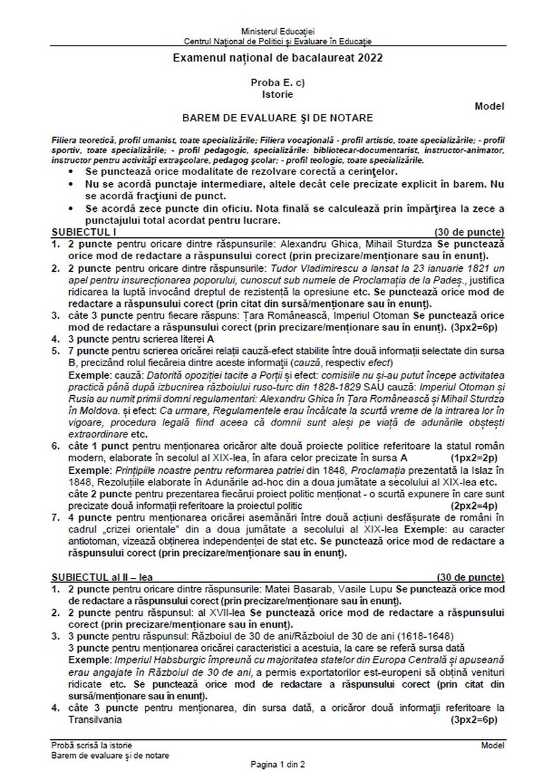 Subiecte istorie BAC 2022