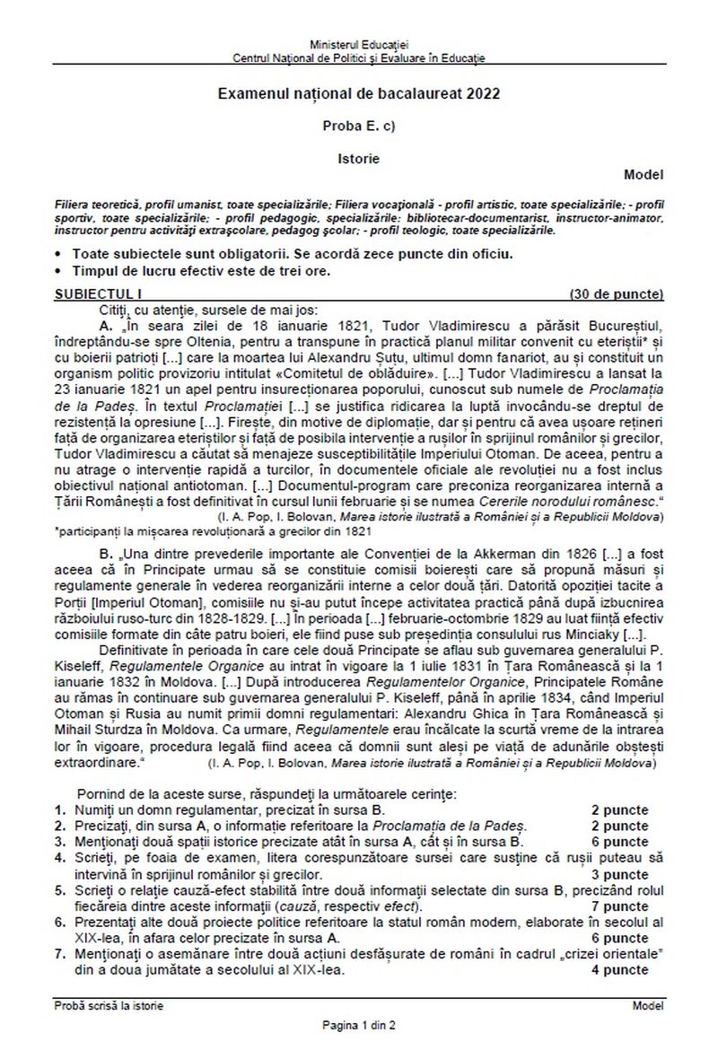 Subiecte istorie BAC 2022