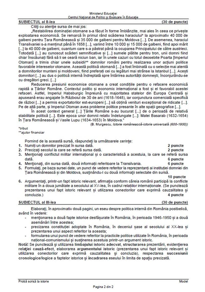 Subiecte istorie BAC 2022