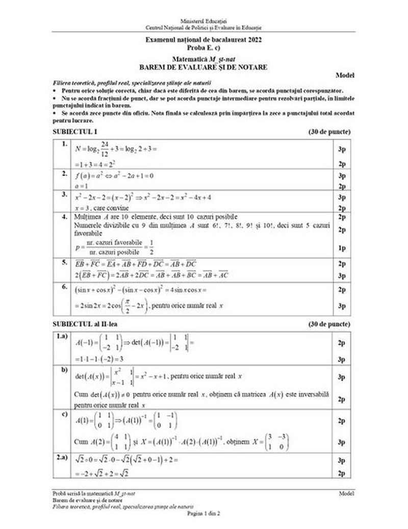 Barem simulare BAC Matematică.