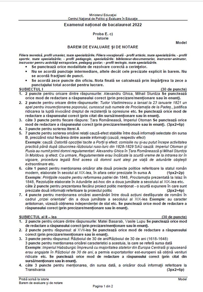 barem simulare istorie