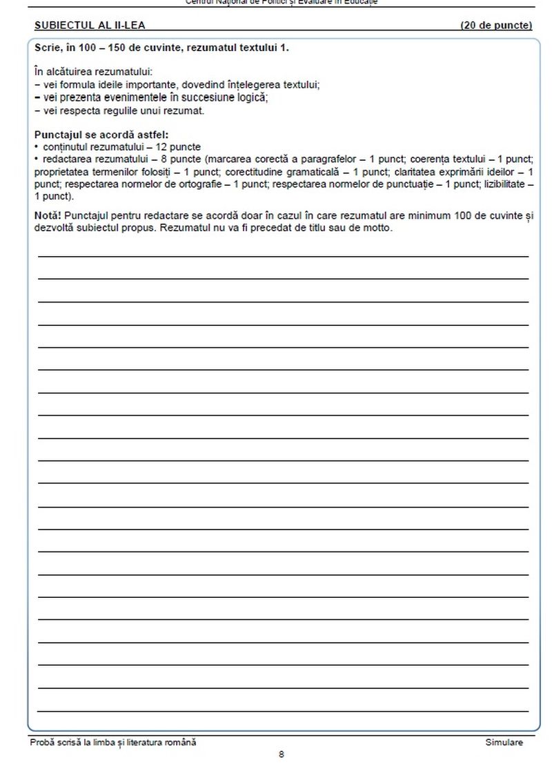 model subiect evaluare națională