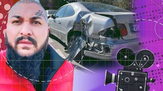 VIDEO - O maşină de tip militar a lovit un autoturism parcat pe un bulevard din Râmnicu Vâlcea în timpul filmării unui videoclip al cântărețului Dani Mocanu