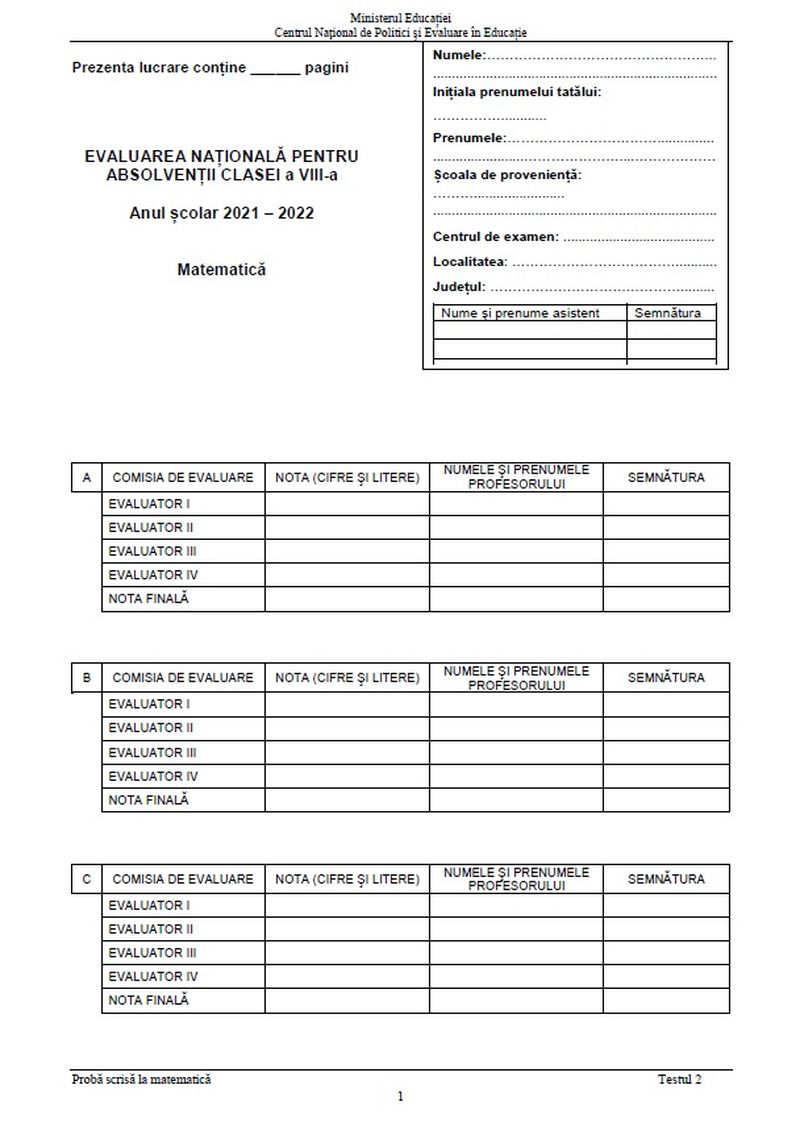 teste antrenament evaluarea națională 2022