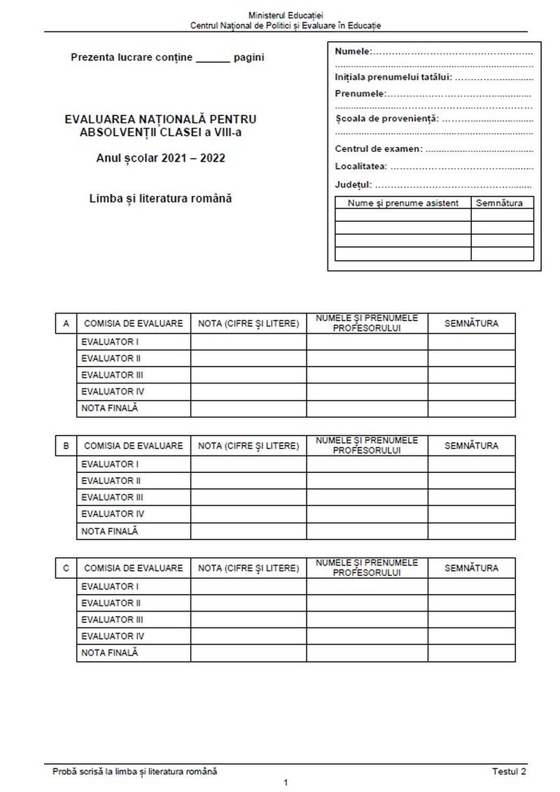 teste antrenament evaluarea națională 2022