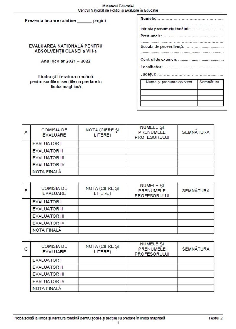 teste antrenament evaluarea națională 2022