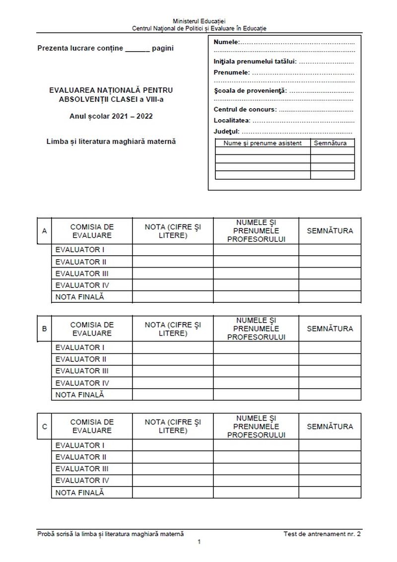 teste antrenament evaluarea națională 2022