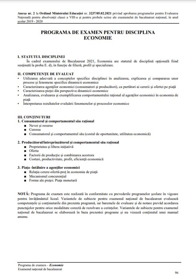 Programă BAC 2022 Economie
