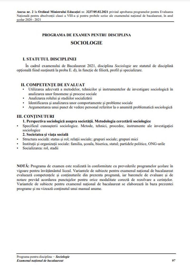 Programa BAC 2022 Sociologie