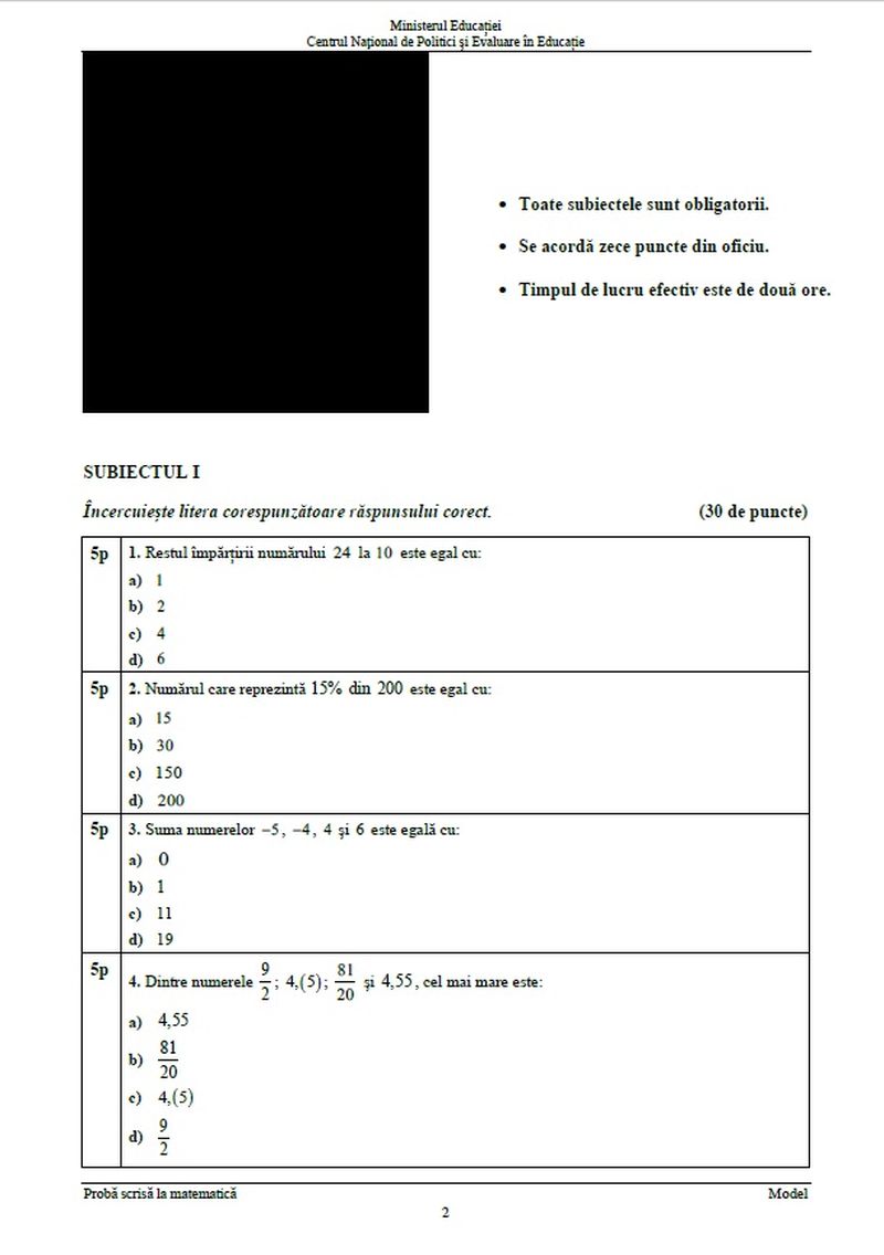 modele subiecte matematică evaluare națională