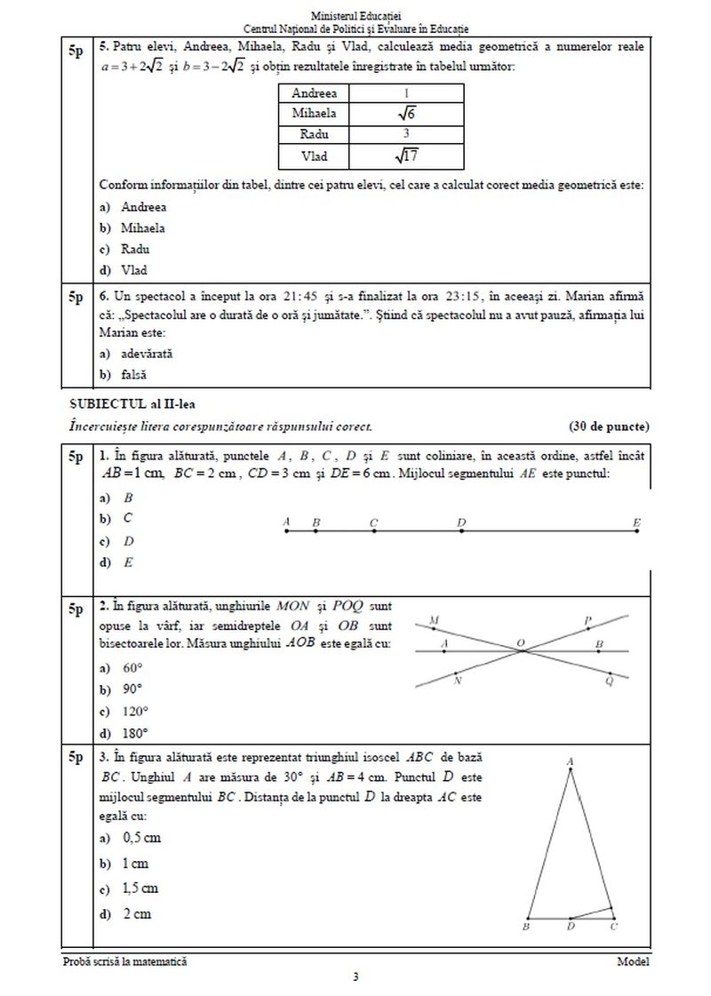 modele subiecte matematică evaluare națională