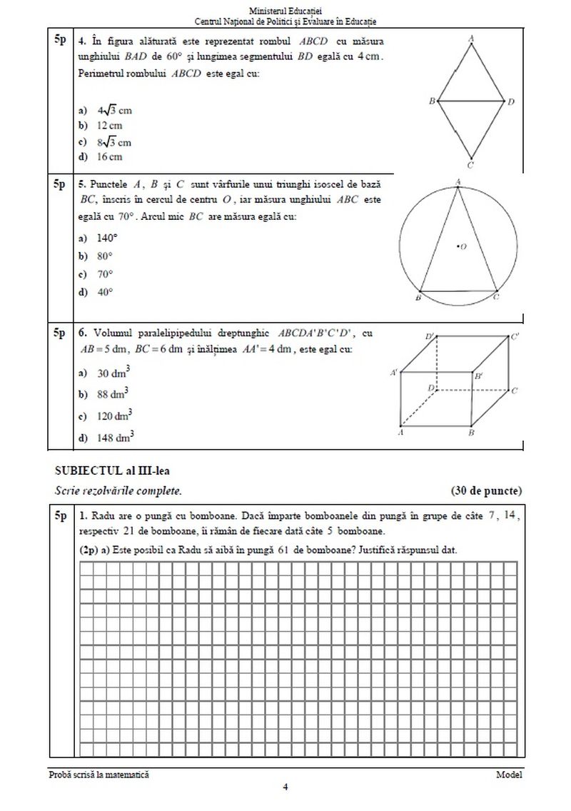 modele subiecte matematică evaluare națională