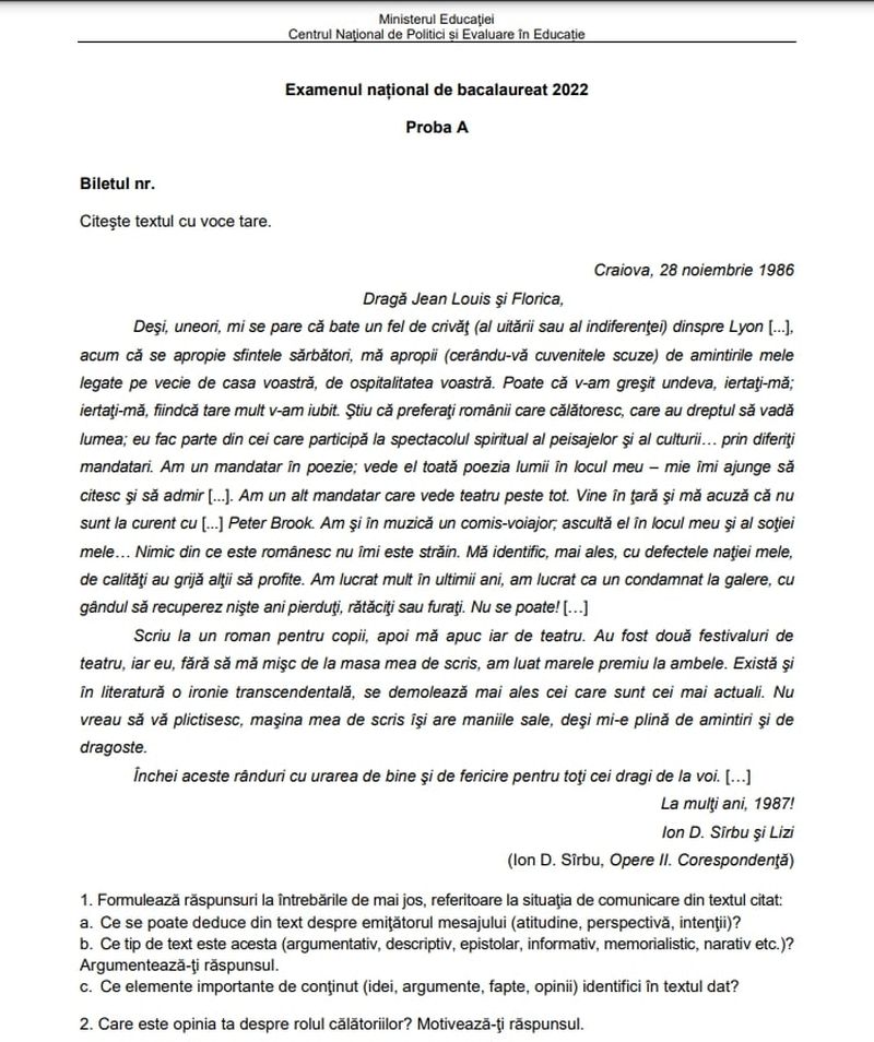 Competenţe BAC 2022: Modele de subiecte pentru evaluarea competențelor lingvistice de comunicare orală în limba română