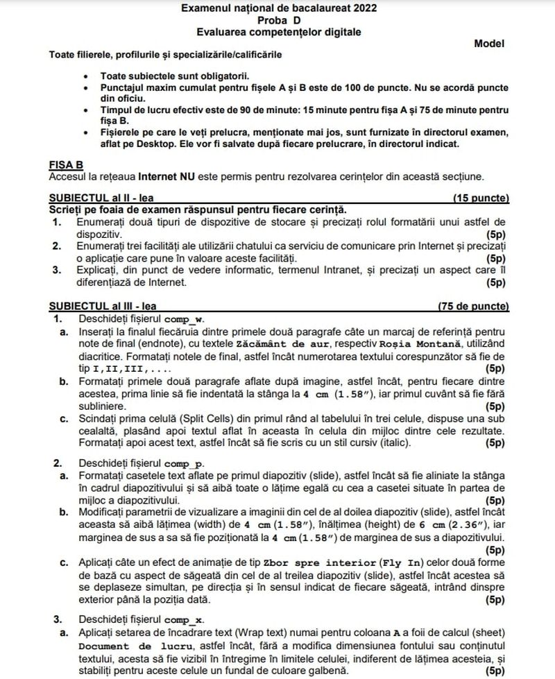 Competenţe BAC 2022: Modele de subiecte pentru Evaluarea competențelor digitale