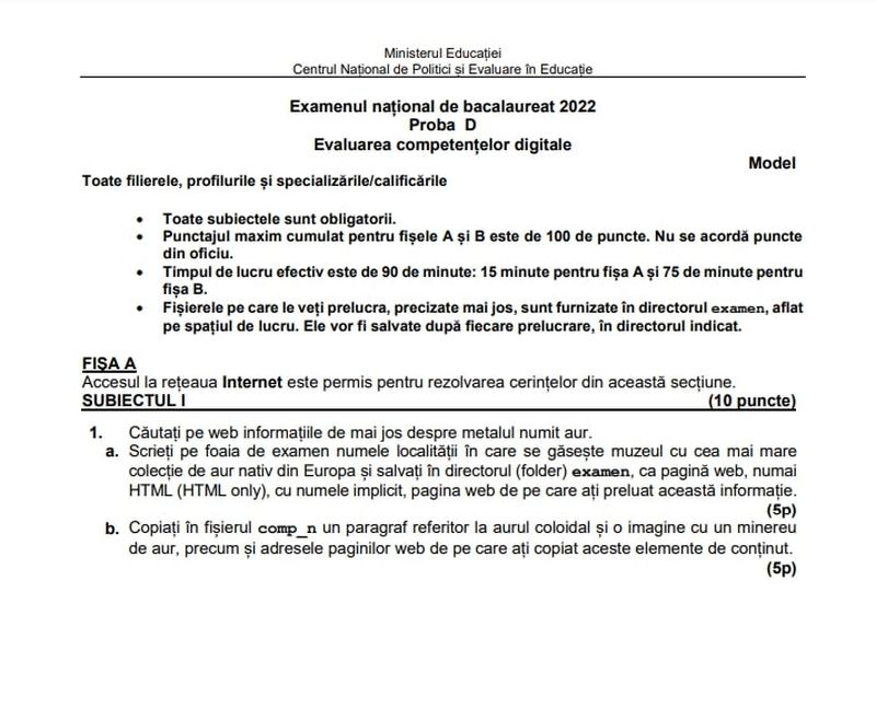 Competenţe BAC 2022: Modele de subiecte pentru Evaluarea competențelor digitale