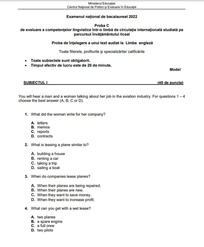Competenţe BAC 2022: Modele de subiecte pentru Evaluarea competențelor lingvistice