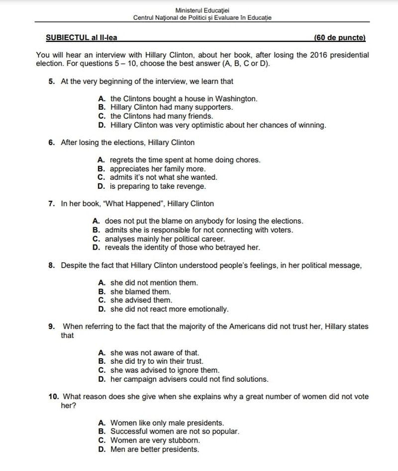 Competenţe BAC 2022: Modele de subiecte pentru Evaluarea competențelor lingvistice