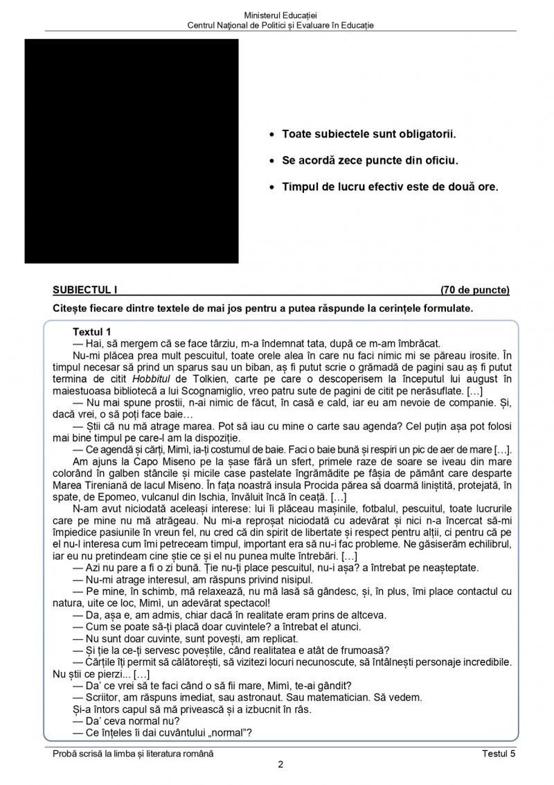 Teste de antrenament Română - Evaluare Naţională 2022