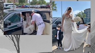 Zi mare pentru artistul Florin Salam. Prima imagine cu rochia Roxanei Dobre, adusă la nuntă cu un Rolls de 500.000€