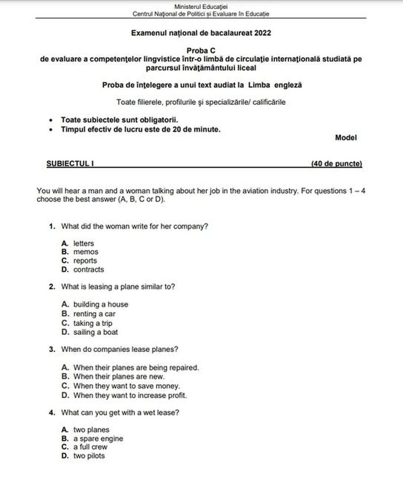 Competenţe Engleză BAC 2022