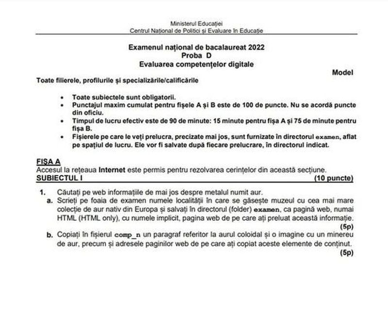 Subiecte competențe digitale BAC 2022