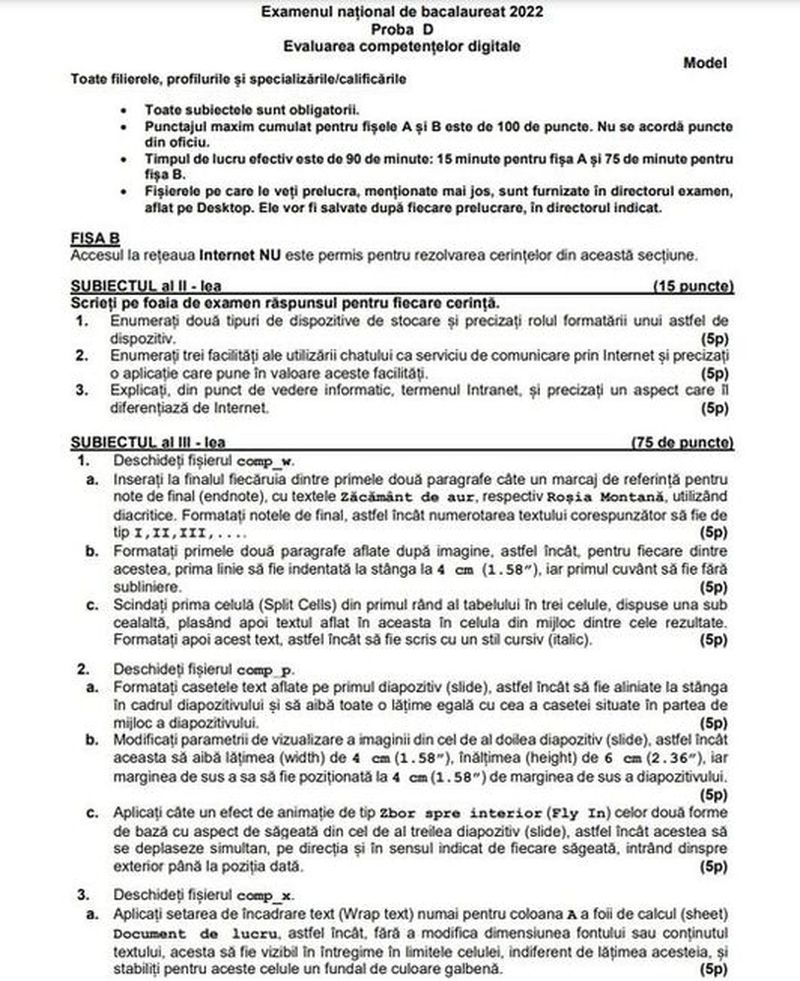 Subiecte competențe digitale BAC 2022