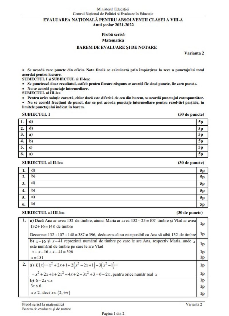 Barem edu.ro și subiecte Evaluarea Națională 2022 Matematică