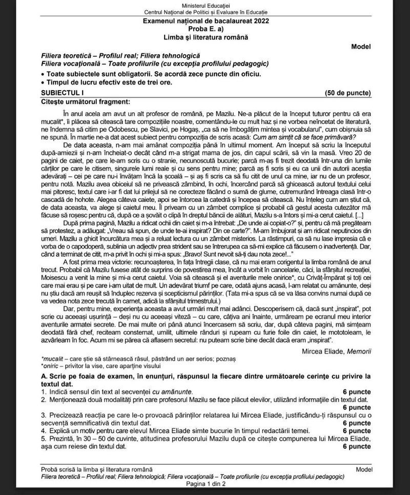 Subiecte BAC 2022 Română