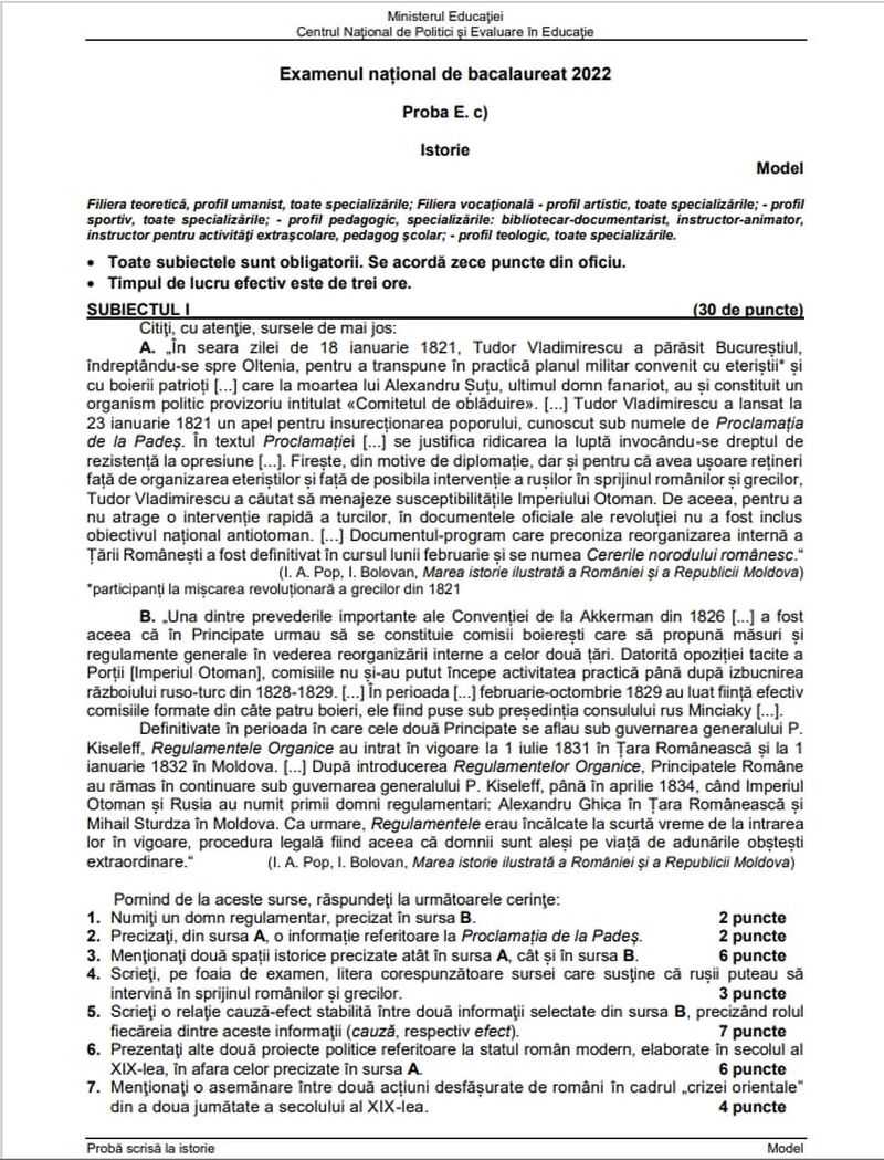 EDU.ro Subiecte BAC 2022 Istorie. Ce ar putea pica anul acesta? Modele de subiecte