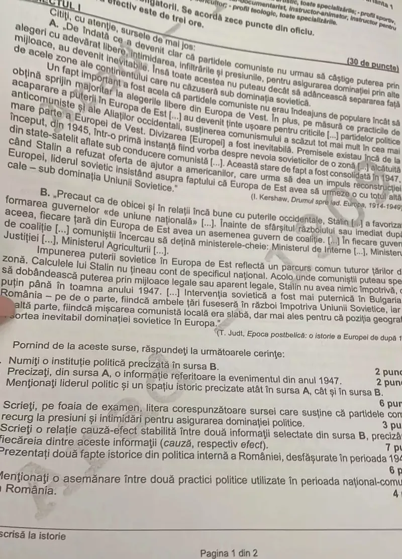 Subiecte istorie BAC 2022