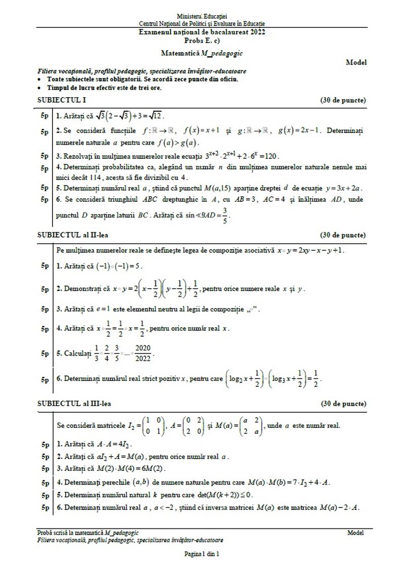 subiecte matematică bac