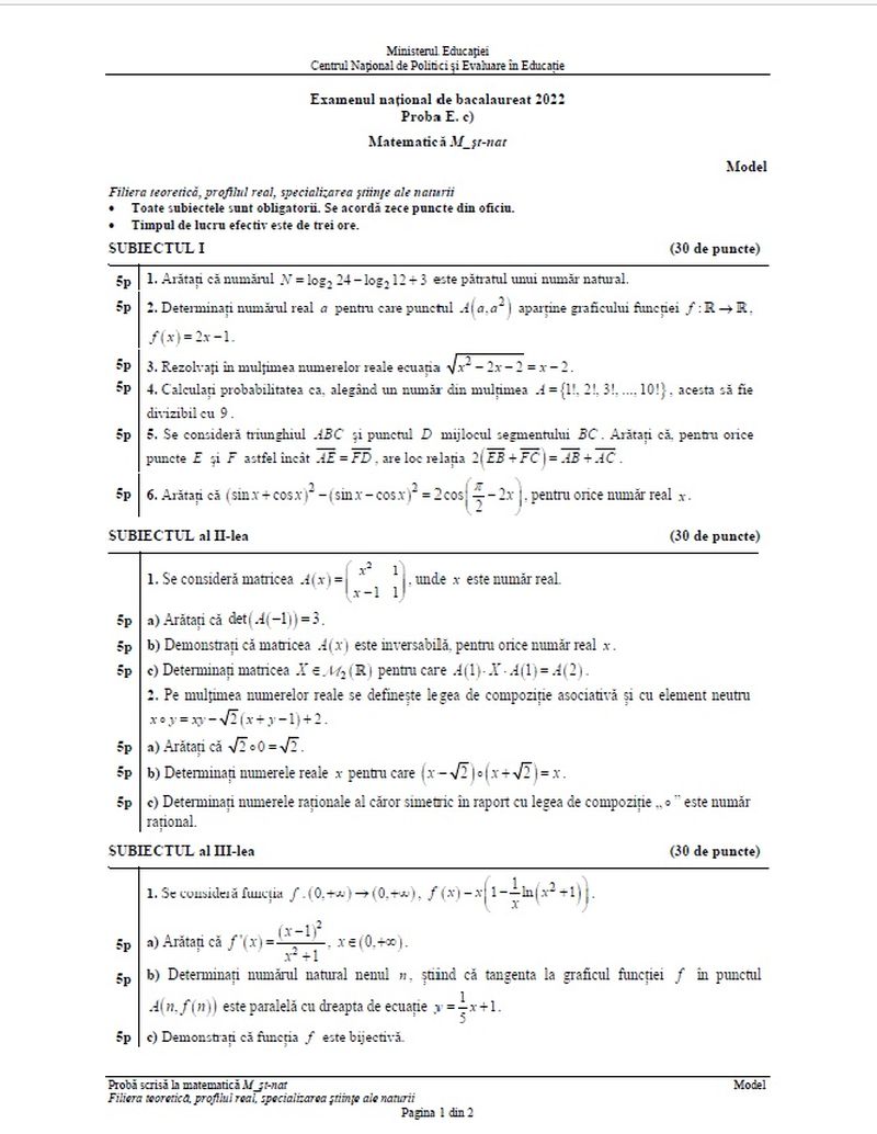 subiecte matematică bac