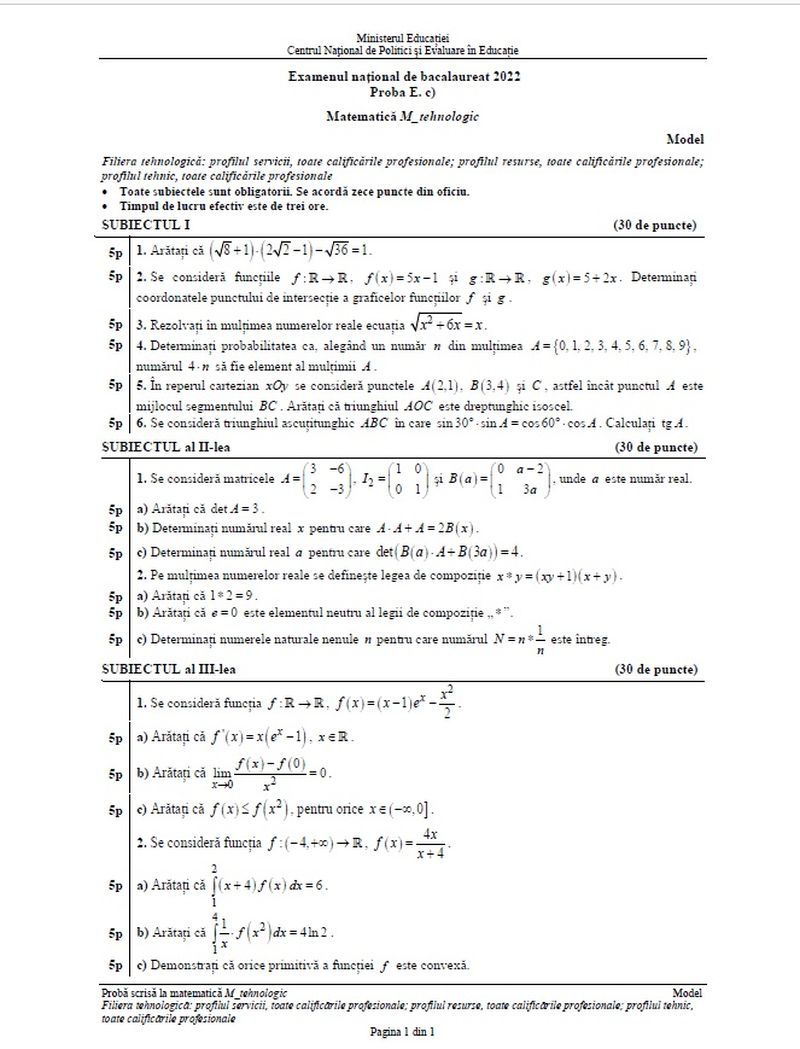 subiecte matematică bac