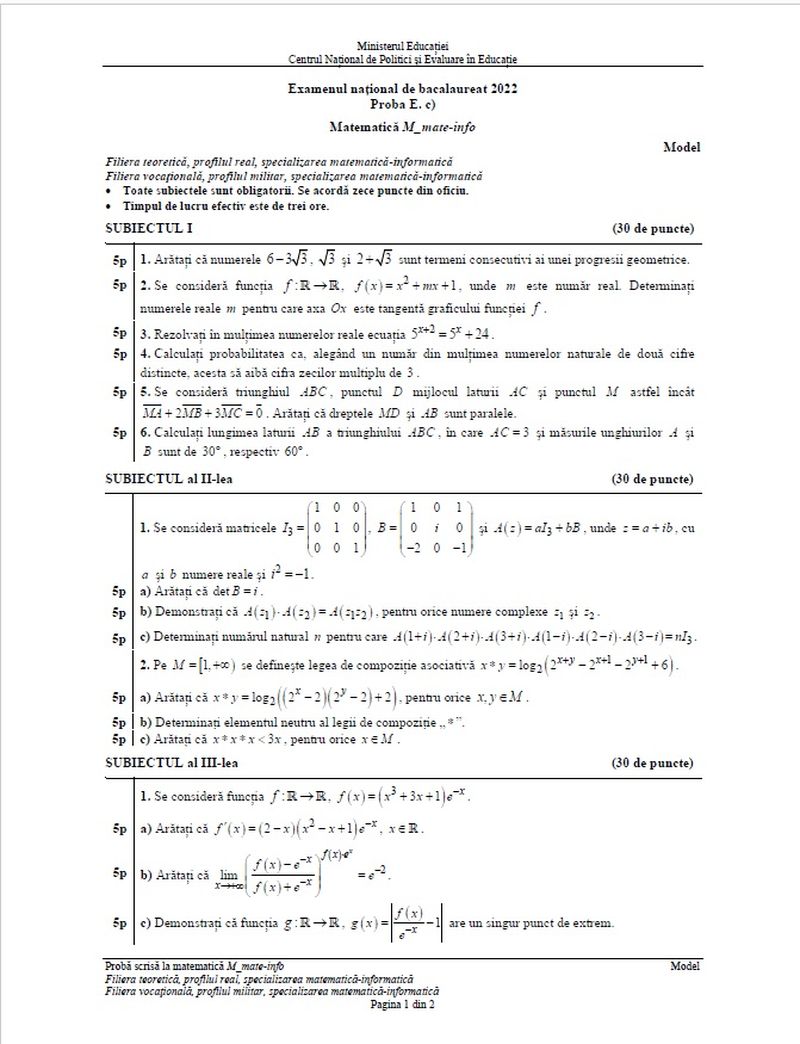 subiecte matematică bac