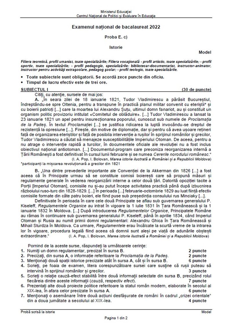 Subiecte istorie BAC 2022