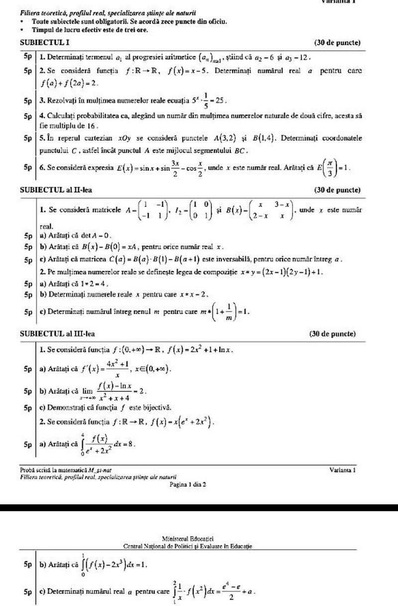 Barem Matematică BAC 2022: Rezolvări şi punctaje pentru profilul mate-info, tehnologic şi ştiinţe ale naturii