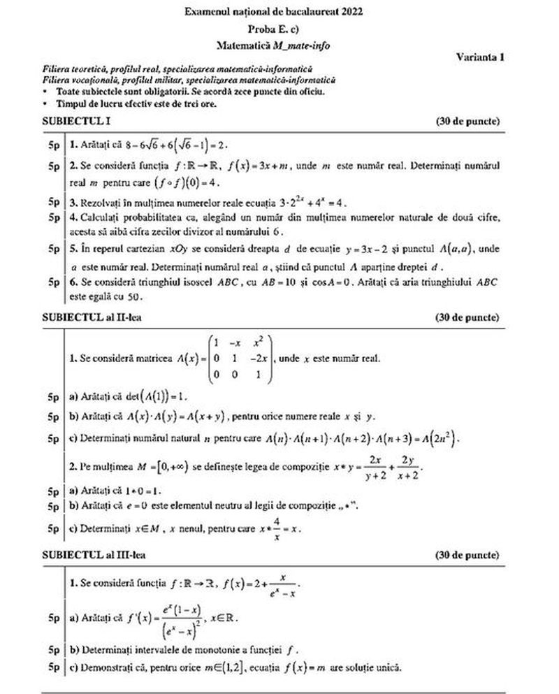 Barem Matematică BAC 2022: Rezolvări şi punctaje pentru profilul mate-info, tehnologic şi ştiinţe ale naturii
