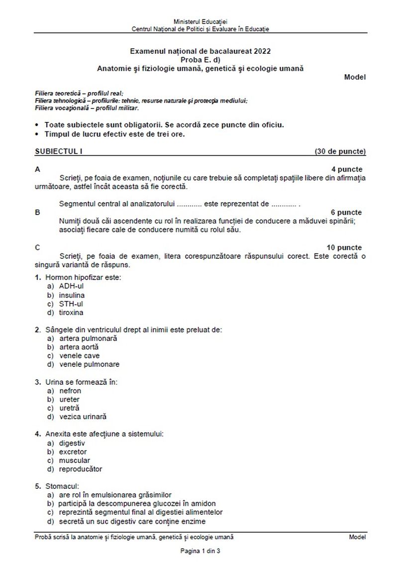 Subiecte Anatomie - Biologie BAC 2022