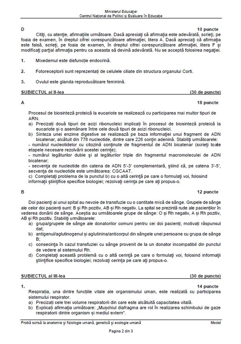 Subiecte Anatomie - Biologie BAC 2022