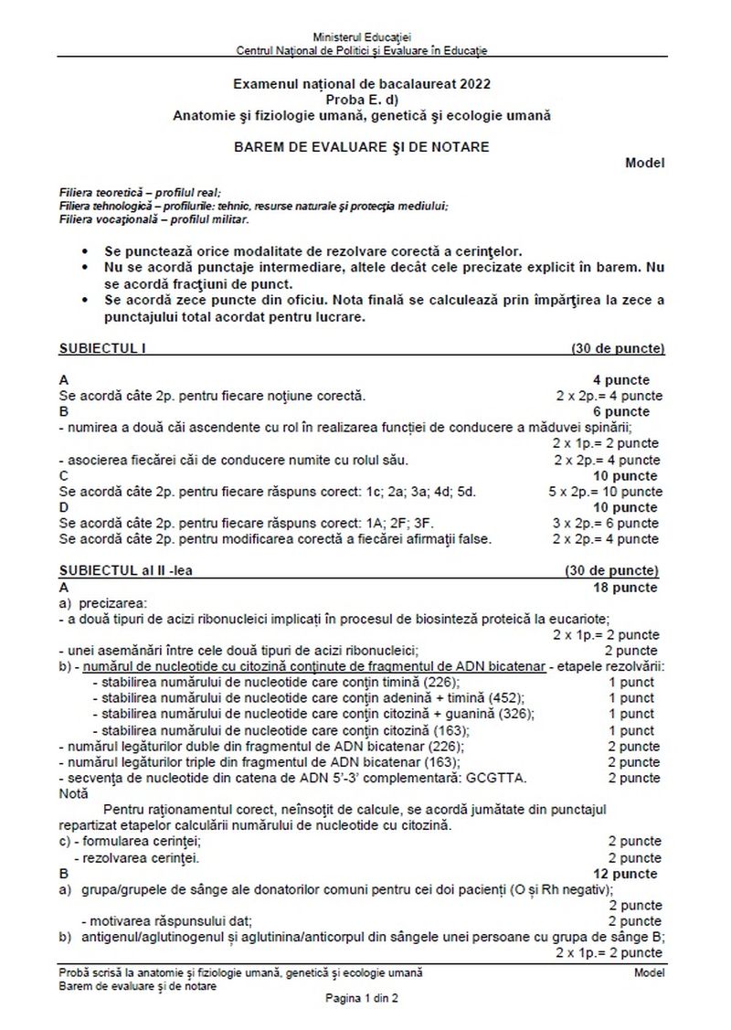 Subiecte Anatomie - Biologie BAC 2022
