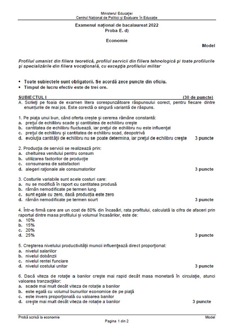 Subiecte Economie BAC 2022