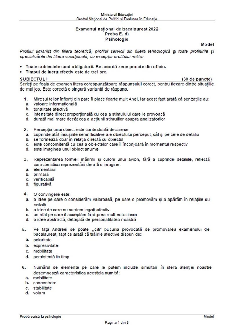 Subiecte Psihologie BAC 2022