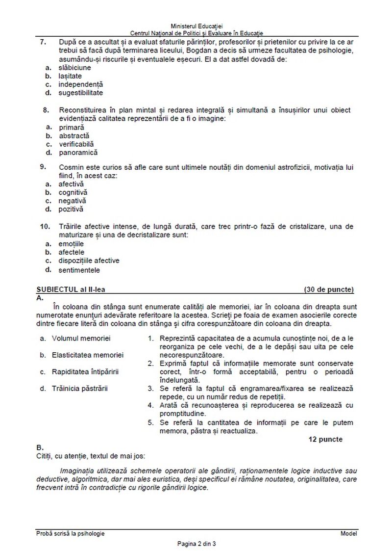 Subiecte Psihologie BAC 2022